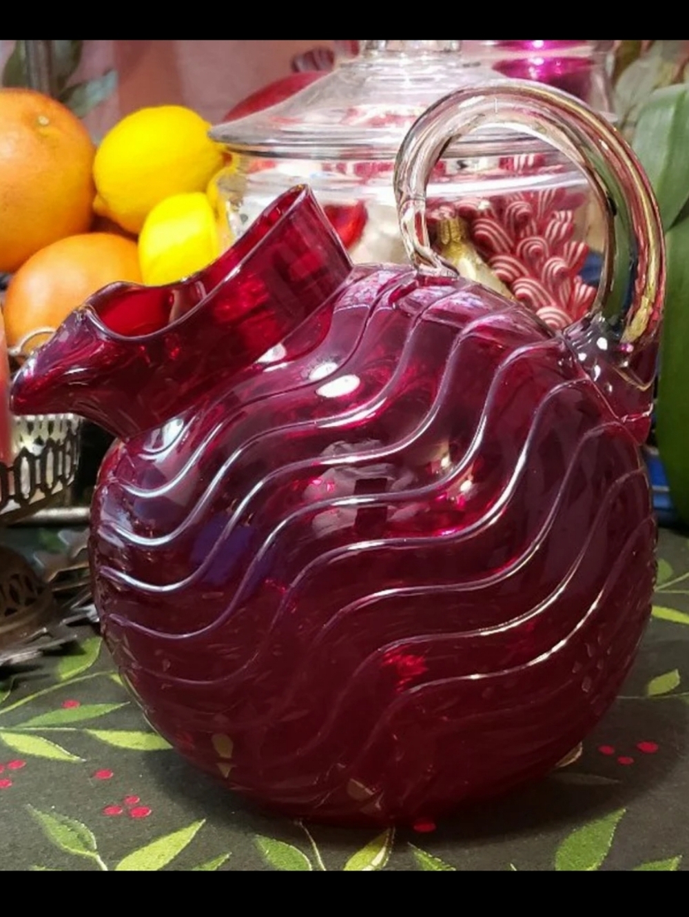 Vintage Art Deco Ruby Red Oval Tilt Ice Lip Glass Pitcher